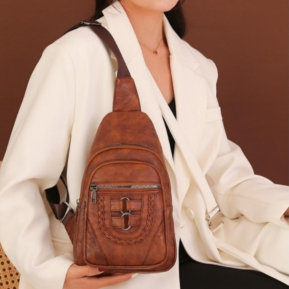 Sling Bag For Women, Multi Pockets CrossBody Bags, Purses Fanny Packs, Vegan Retro Leather Braiding Sling Backpack For Travel