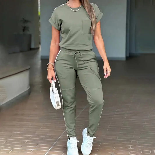 Women's Solid Color Short Sleeve Two-Piece Set - Round Neck, Stripe Trim, Tie Waist Belt, Pockets Spring&Summer Casual Outfit