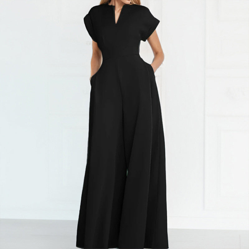 Women's V-Neck Solid Color Short Sleeve Jumpsuit Wide Leg A-Line Waist Tied Casual Summer Outfit