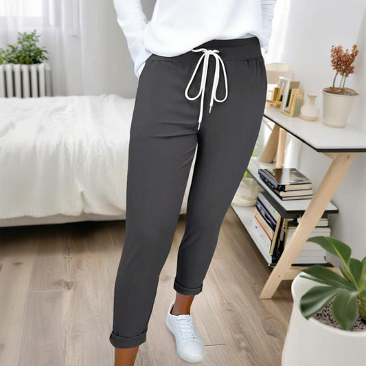 Women's Solid Color Casual Pants - Stretchy Waist With Drawstring Comfortable Lounge Pants