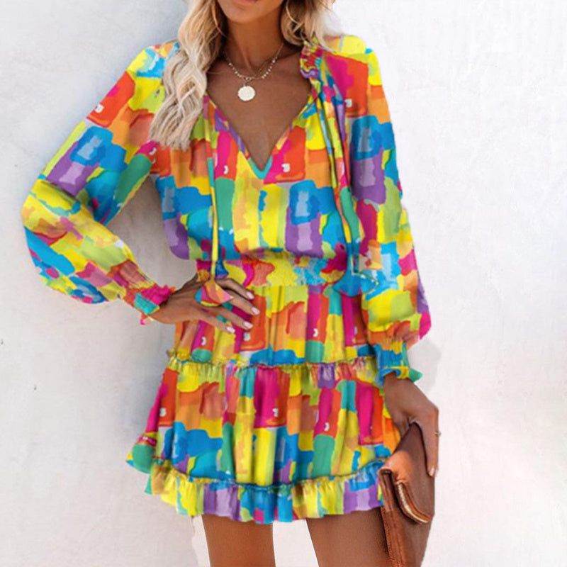 Women's Bohemian Print V-Neck Long Sleeve Dress - Flowy Beach Dress With Elastic Waist