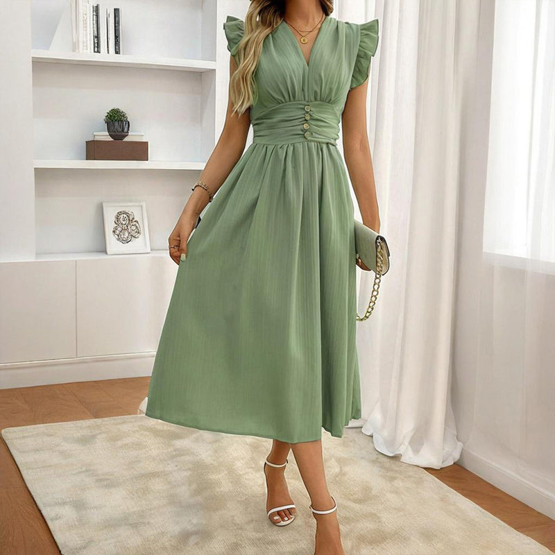 Women's Solid Color Sleeveless V-Neck Dress - High Waist Ruffled Hem Boho Flowy Summer Dress With Shoulder Frills, Casual & Party Dress