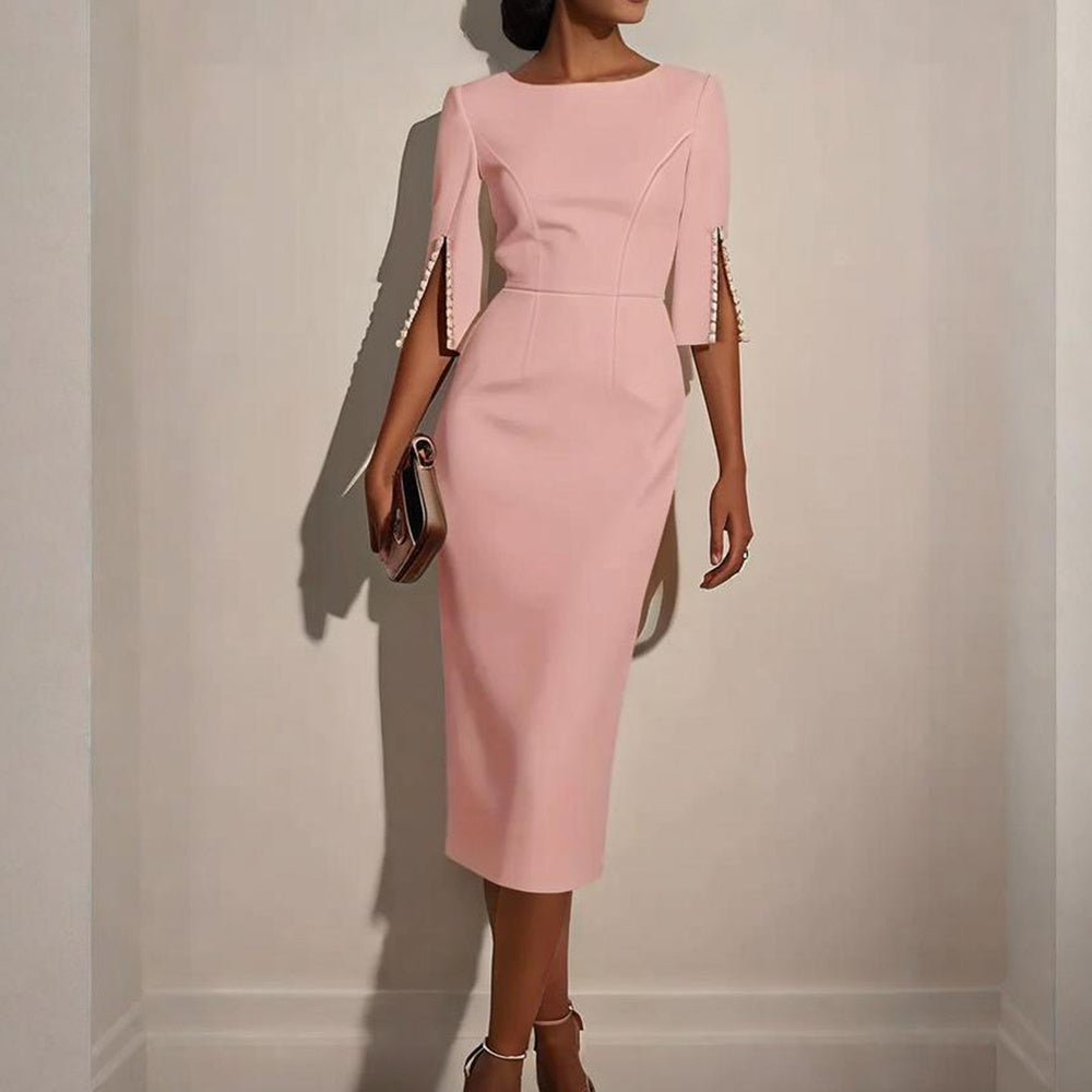 Women's Solid Color Pearl-Embellished Round Neck Dress - Elegant Back Zipper & Slit Sleeve Formal Dress