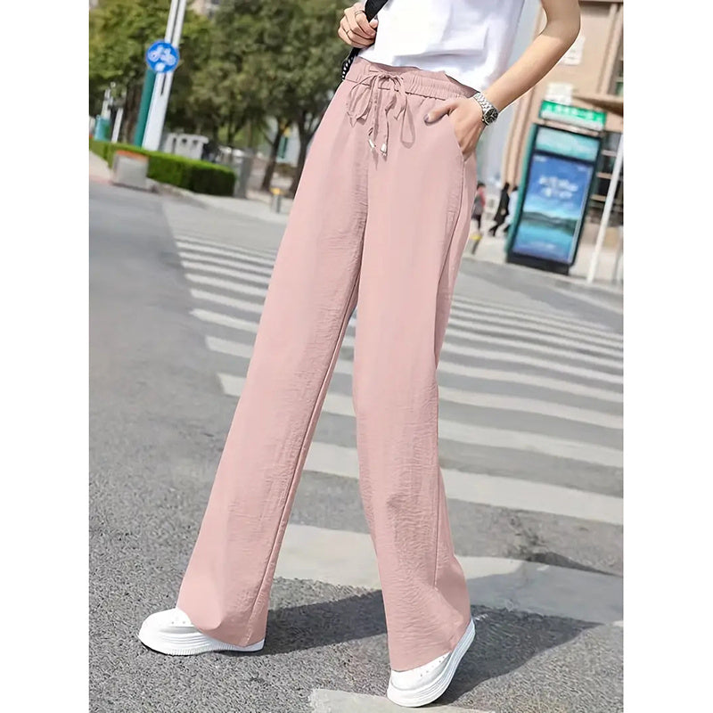 Women's Casual Pants Drawstring Elastic Waist Pants Flowy Wide Leg Trousers With Pockets
