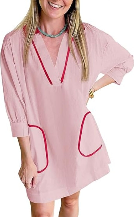 Saodimallsu Womens V Neck Swimsuit Coverup Sleeve Collar Color Block Oversized Cover Ups Mini Beach Dress With Pockets