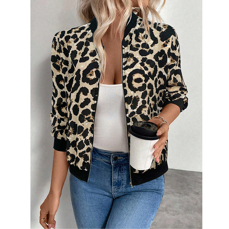 Women's Leopard Print Zip Up Lightweight Bomber Jacket Casual Long Sleeve Outerwear
