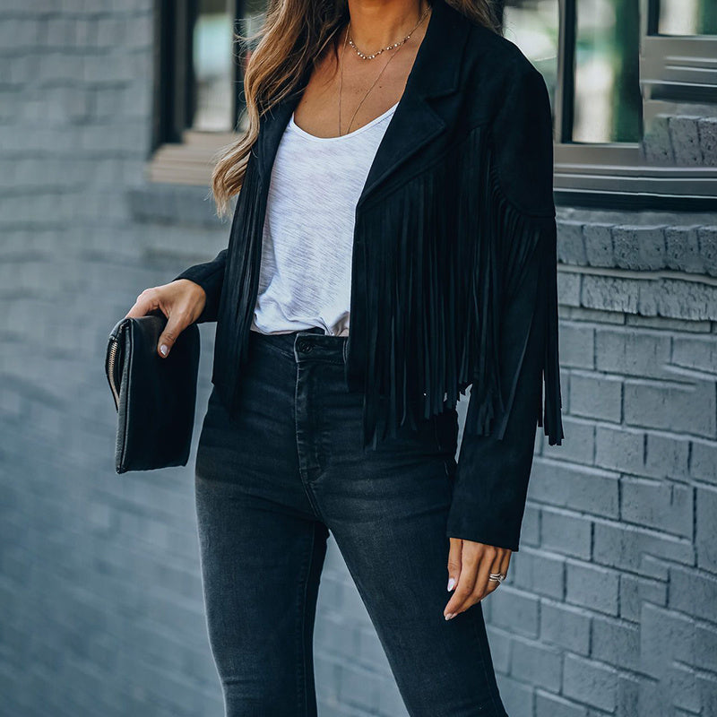 Women's Notched Collar Open-Front Fringed Jacket Casual Faux Suede Tassel Motorcycle Cropped Jacket