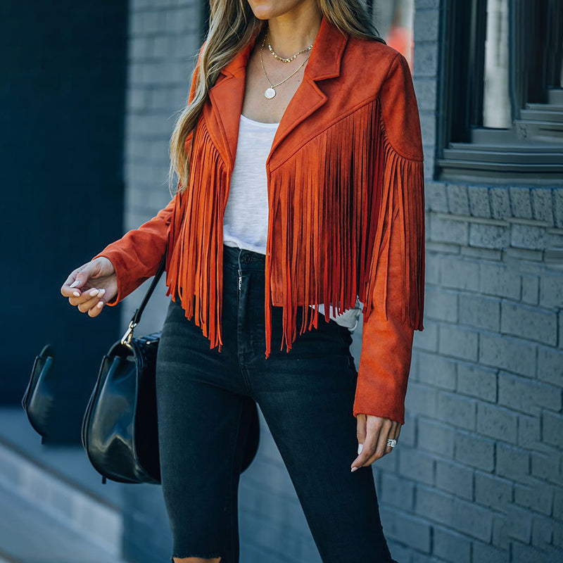 Women's Notched Collar Open-Front Fringed Jacket Casual Faux Suede Tassel Motorcycle Cropped Jacket