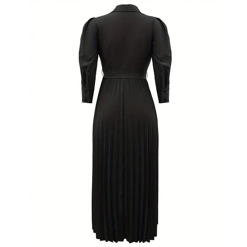 Women's Cross V-Neck Lapel Solid Color Long Sleeve Pleated Maxi Dress With Tie Waist Casual & Formal Dress For Spring & Fall