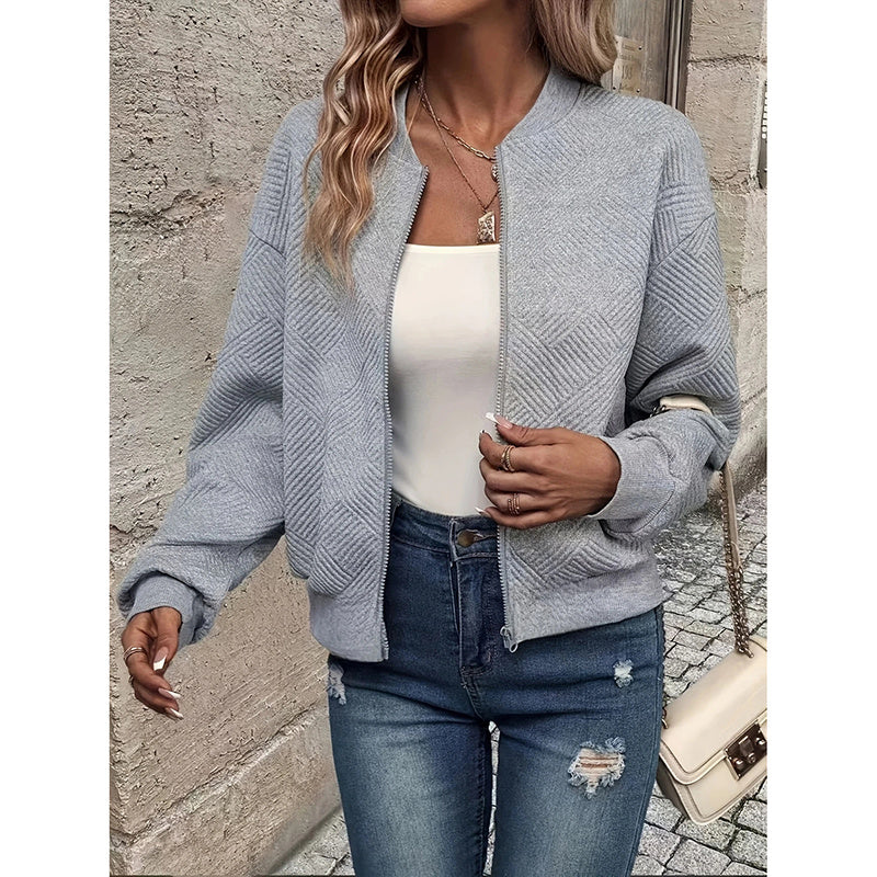 Womens Bomber Jacket Coat Casual Textured Stand Collar Zip Up Fall Fashion Jackets Outfits