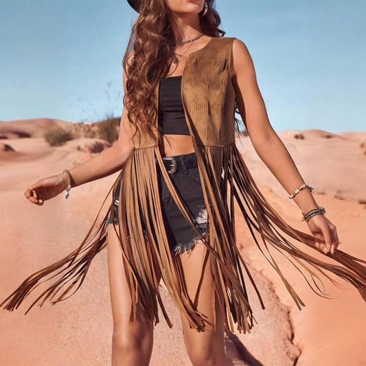 Women's Solid Color Elegant Western Fringe Vest - Round Neck Side Slit Hem With Boho Tassel Details