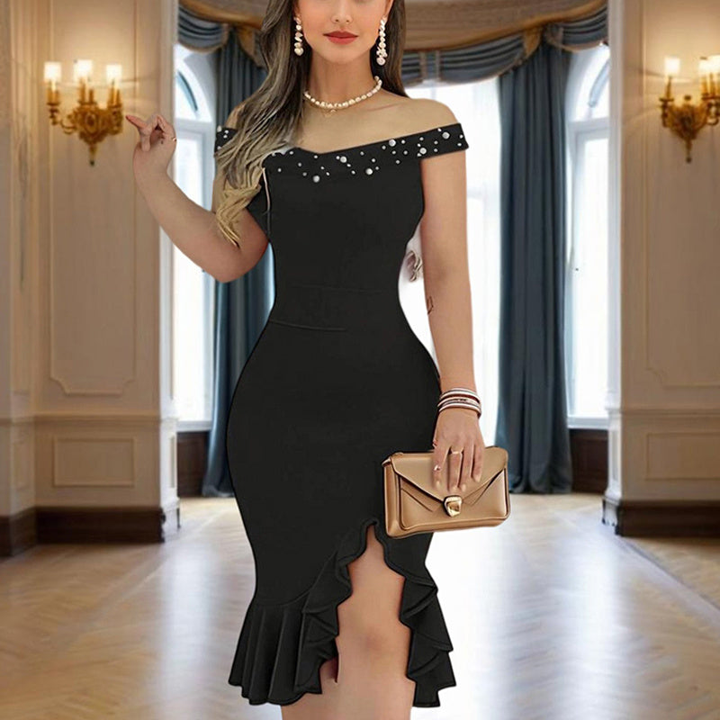 Women's Solid Color Beaded Off-Shoulder Bodycon Dress - Ruffle Hem & Slit Tight Midi Dress For Summer Parties
