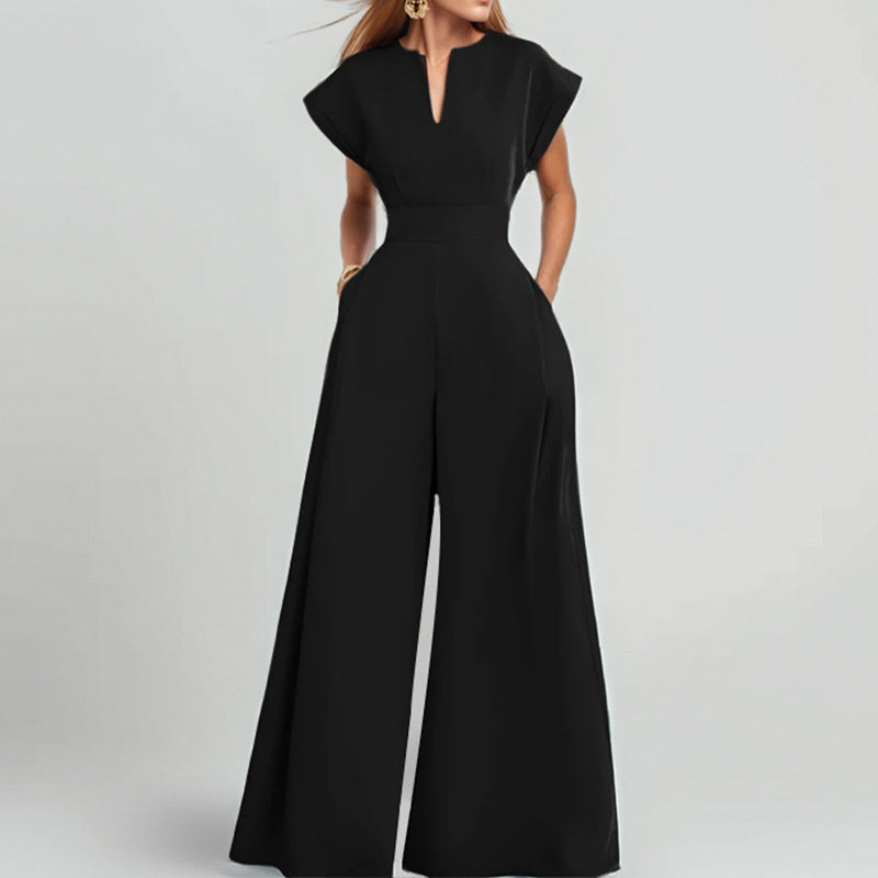 Women's V-Neck Solid Color Short Sleeve Jumpsuit Wide Leg A-Line Waist Tied Casual Summer Outfit