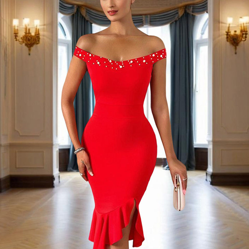 Women's Solid Color Beaded Off-Shoulder Bodycon Dress - Ruffle Hem & Slit Tight Midi Dress For Summer Parties