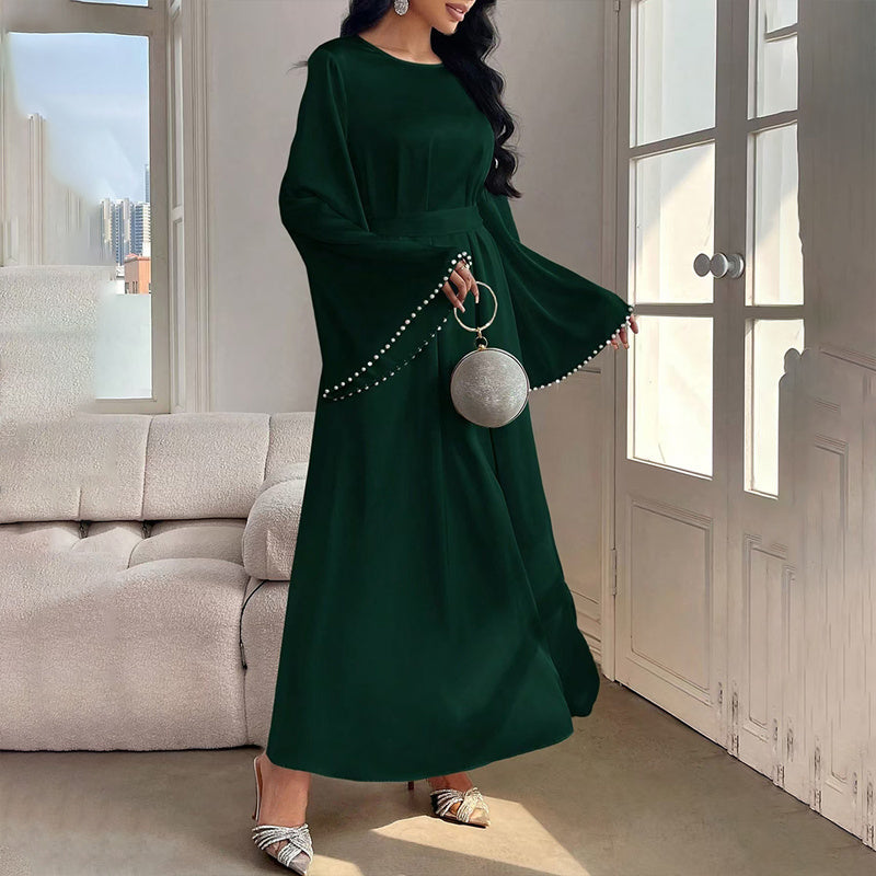 Elegant Round Neck Solid Color Flared Maxi Dress Long Sleeve With Pearl Cuff Detail, Modest A-Line Middle Eastern Abaya Party & Vacation Dress For Women