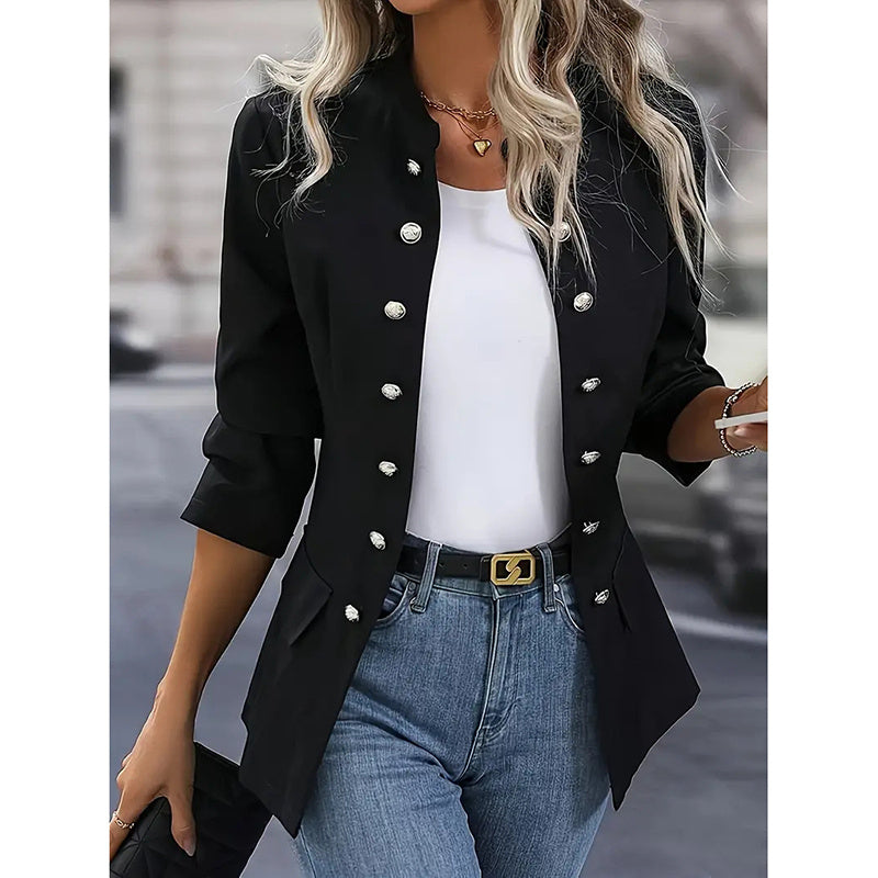 Women's Open Front Mock Neck Double Breasted Long Sleeve Blazer Business Jacket