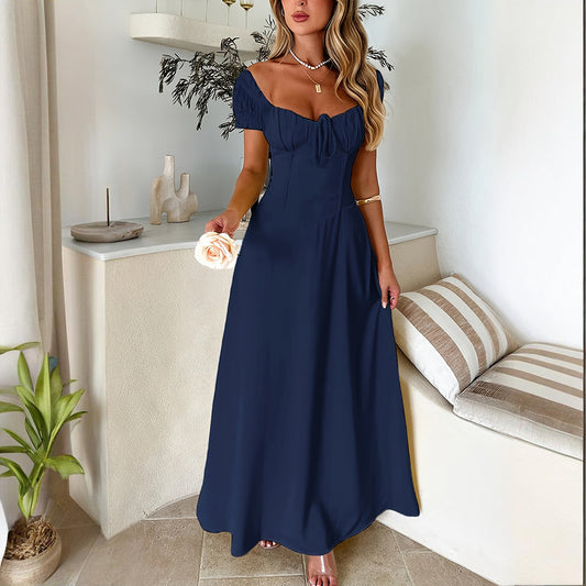 Women's Bohemian Backless Maxi Dress Flowy Ruffled Beach Dress With Adjustable Belt Summer Vacation Boho Dress For Casual Outings