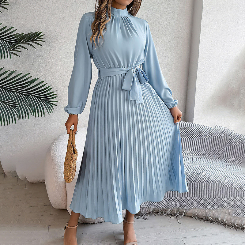 Elegant High Neck Long Sleeve Pleated Maxi Dress - Solid Color Flowy Dress For Women, Casual To Formal Wear