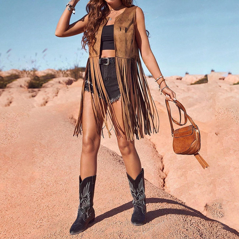 Women's Fringe Vest Sleeveless 70s Hippie Faux Suede Trim Western Cowgirl Tassel Jacket Cardigan