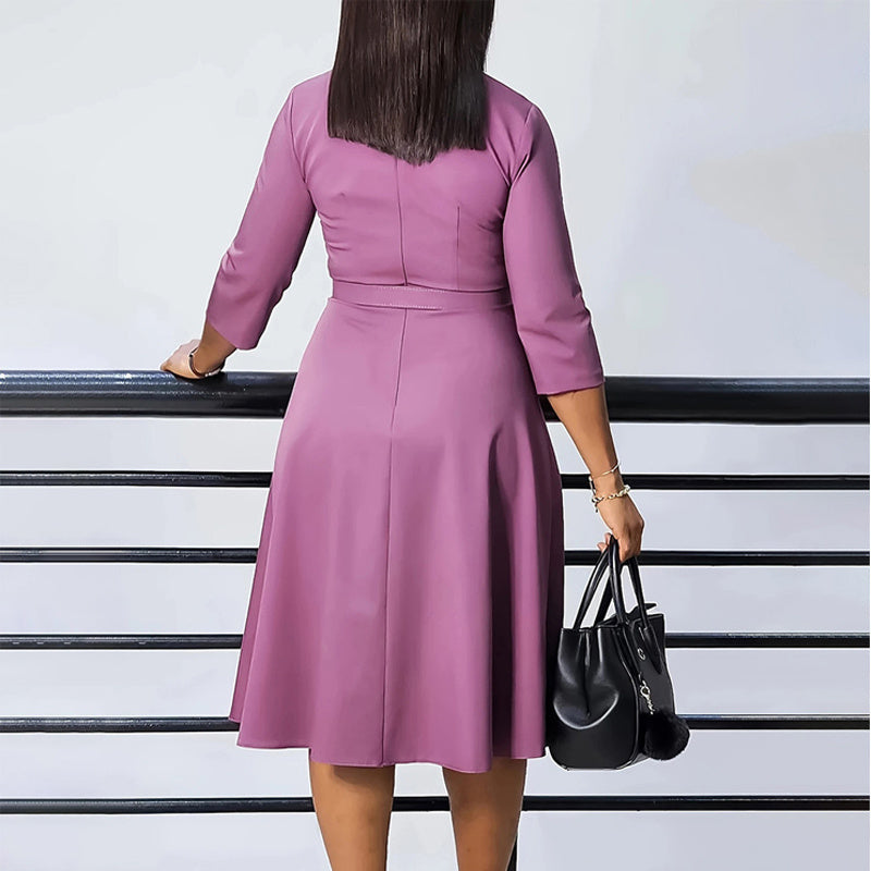 Women's Elegant V-Neck Cross-Wrap A-Line Dress With Belt & Ruffled Hem - Office & Casual Solid Dress For Spring&Summer