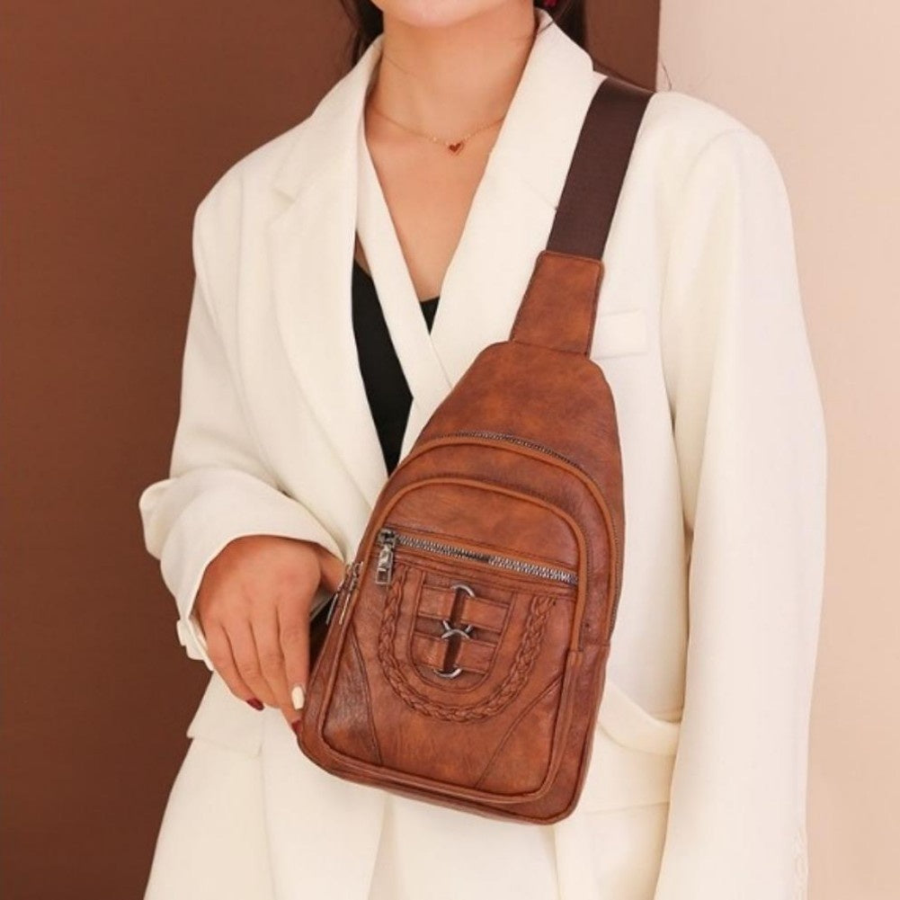 Sling Bag For Women, Multi Pockets CrossBody Bags, Purses Fanny Packs, Vegan Retro Leather Braiding Sling Backpack For Travel