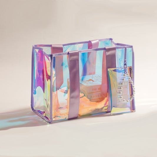 Women's Beach Bag, Beach Bag With Extra Waterproof Phone Pocket, Large Rainbow Color Clear Tote Bag