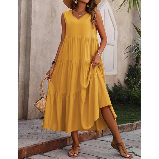 Women's Summer Casual Sleeveless V Neck Swing Dress Flowy Tiered Maxi Beach Dress