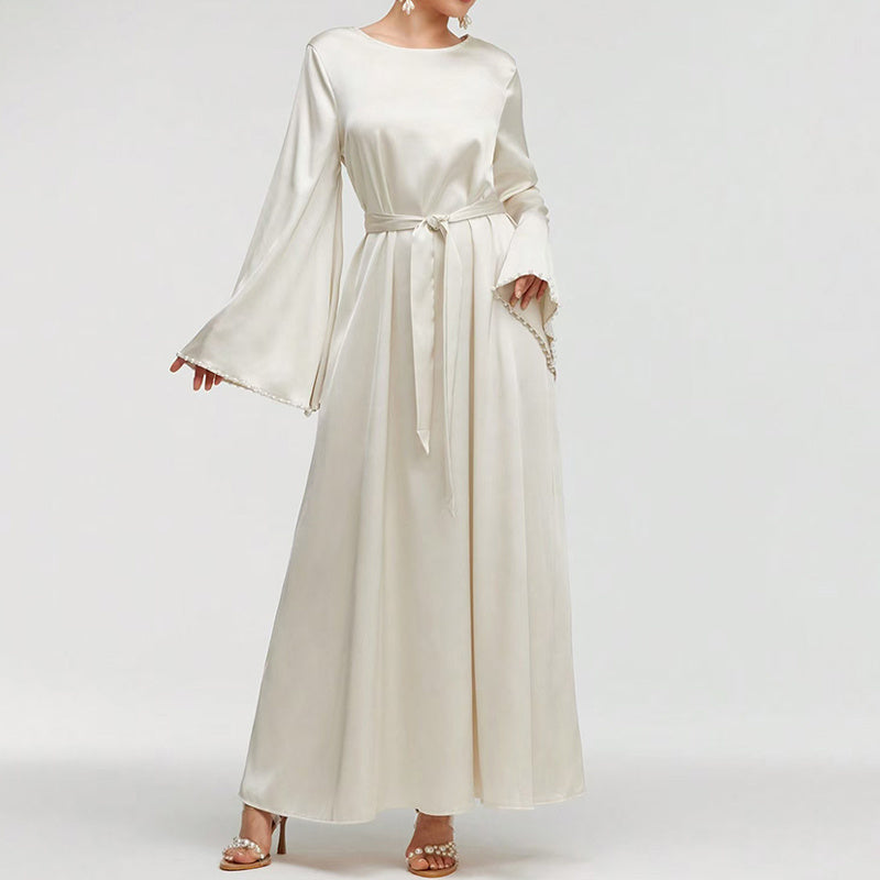 Elegant Round Neck Solid Color Flared Maxi Dress Long Sleeve With Pearl Cuff Detail, Modest A-Line Middle Eastern Abaya Party & Vacation Dress For Women