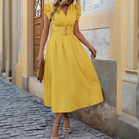 Women's Solid Color Sleeveless V-Neck Dress - High Waist Ruffled Hem Boho Flowy Summer Dress With Shoulder Frills, Casual & Party Dress