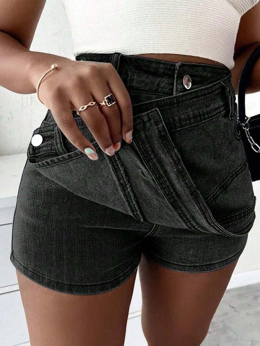 Grunge Punk Street New Vintage Stretchy Overlap Waist Wrap Asymmetric Hem A-Line Skinny Denim Skirts Halloween Clothes Jeans
