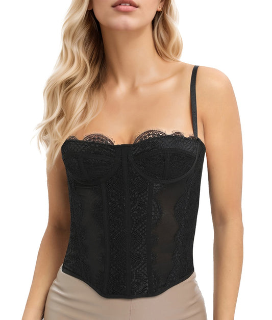 Lace Bustier Corset Tops For Women Going Out Mesh Overbust Adjustable Strap Waist Cincher Crop Bustier Party Rave Date Night Outfit Tank Top