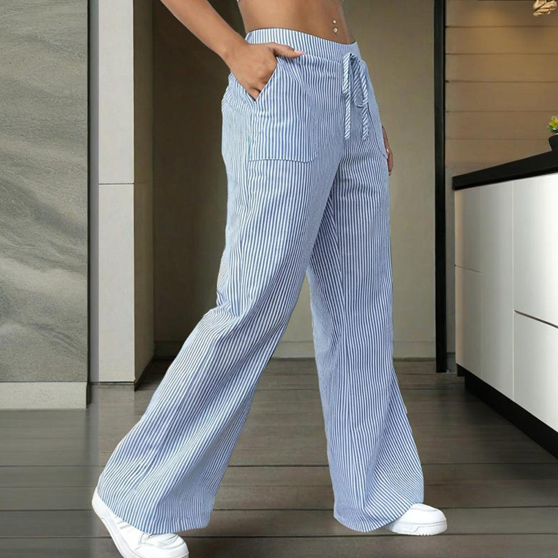 Women's Striped Wide Leg Pants With Pockets & Tie-Waist Detail - Casual Minimalist Trousers