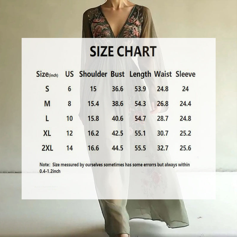 Women's Elegant V-Neck Green Floral Print A-Line Maxi Semi-Sheer Long Sleeve Spring&Summer Dress