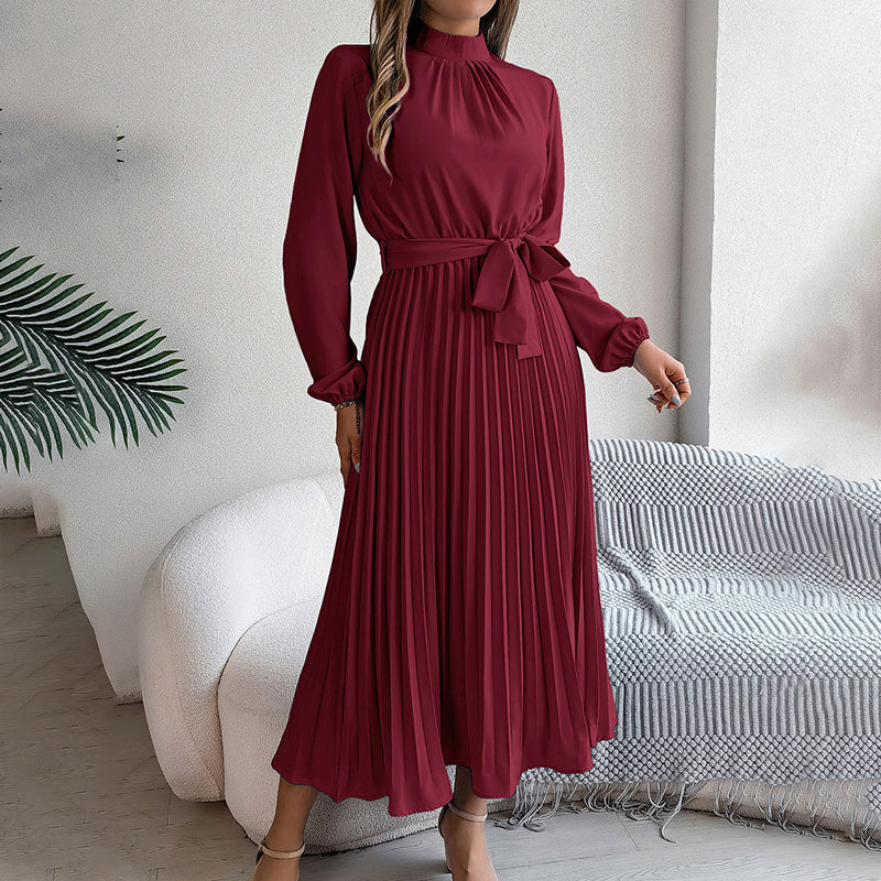 Elegant High Neck Long Sleeve Pleated Maxi Dress - Solid Color Flowy Dress For Women, Casual To Formal Wear