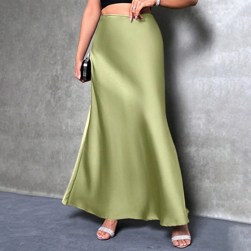 Women's Elegant Satin High Waist Flared Midi Skirt Cocktail Party Wedding Long Skirt