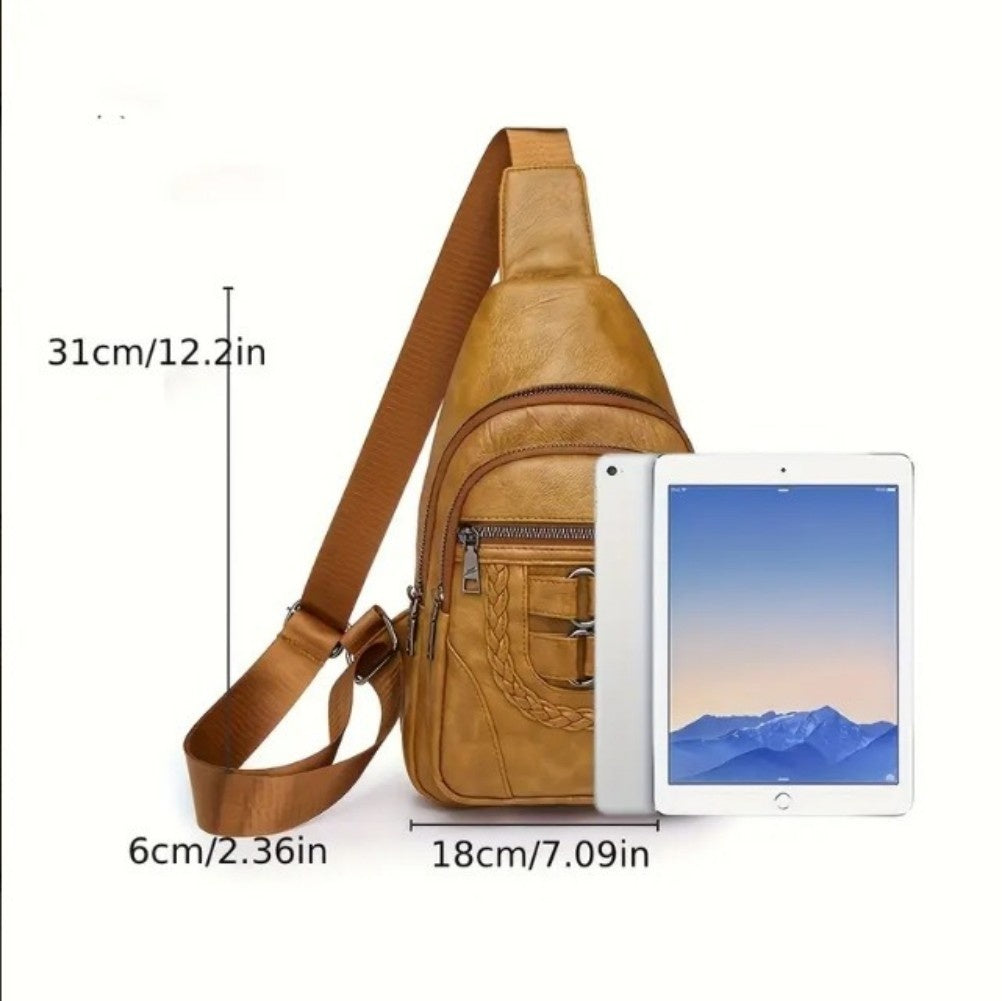 Sling Bag For Women, Multi Pockets CrossBody Bags, Purses Fanny Packs, Vegan Retro Leather Braiding Sling Backpack For Travel