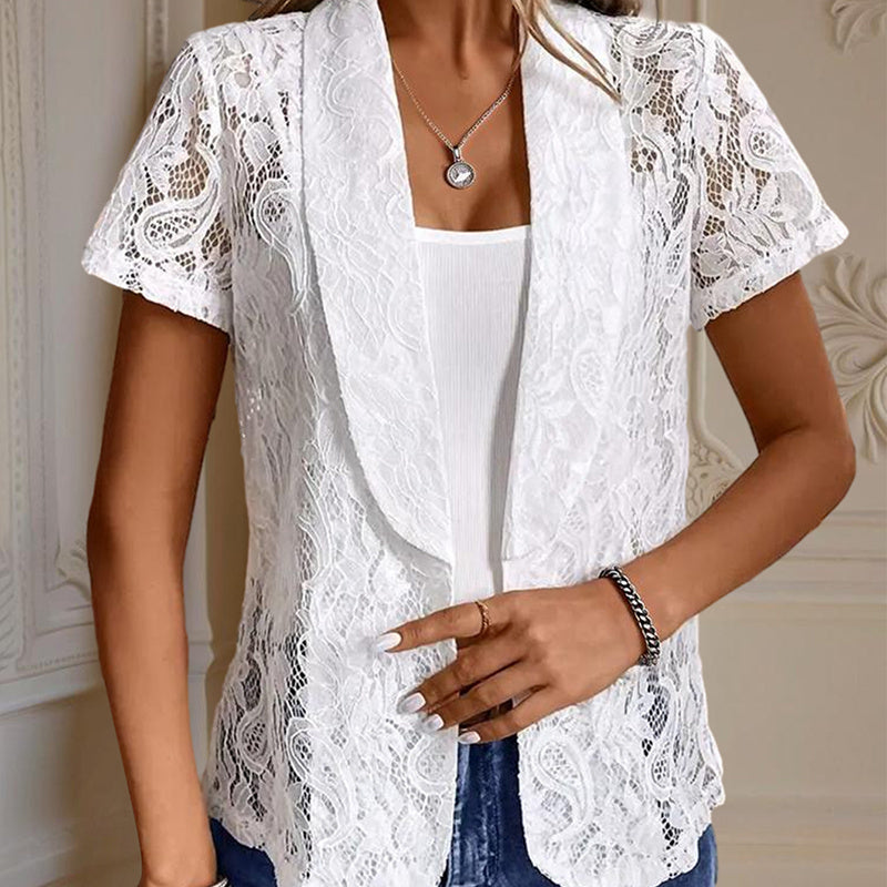 Elegant Solid Color Women's Lace Cardigan - Stylish Breathable Slim-Fit Spring&Summer Blouse With Floral Lace Detail