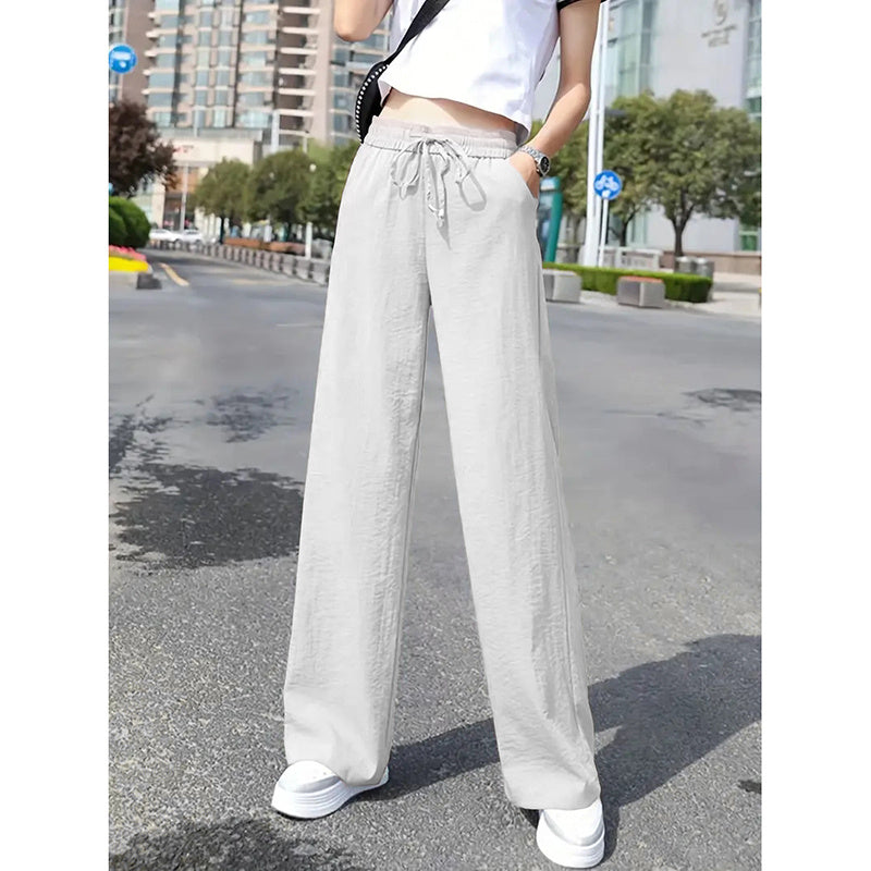 Women's Casual Pants Drawstring Elastic Waist Pants Flowy Wide Leg Trousers With Pockets