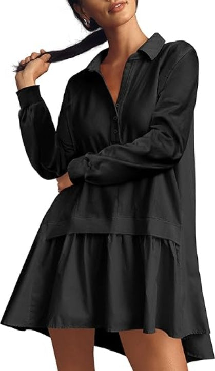 Fisoew Womens Oversized Sweatshirt Dress Long Sleeve V Neck Patchwork Casual Pullover Tops Loose Fit Mini Dresses