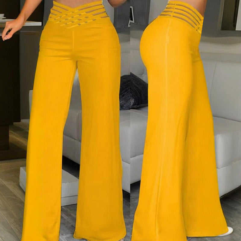 Women's Transparent Mesh Patchwork High Waist Pants With Elegant Cross Detail, Solid Color Fashion Trousers