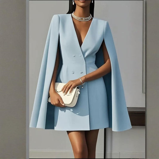 Women's Elegant Solid Color V Neck Double-Breasted Cape Blazer Dress Spring & Summer Party Banquet Outfit