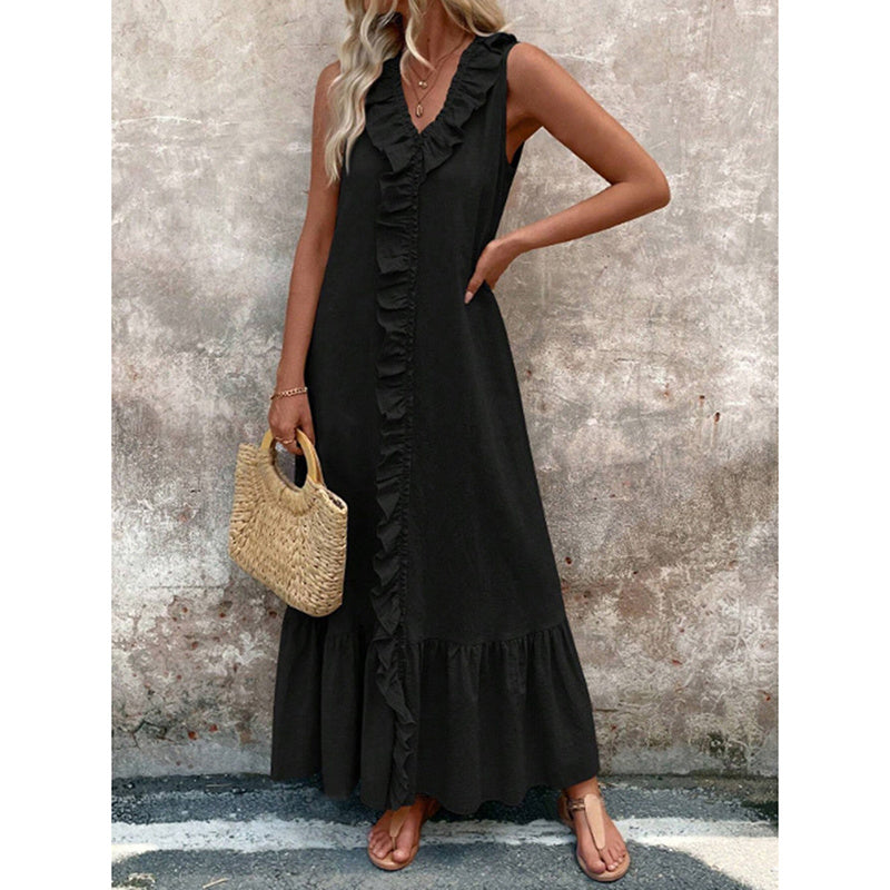 Women's Elegant Casual Summer Dress - V-Neck Sleeveless Ruffled Vacation Long Dress With Pleated Hem