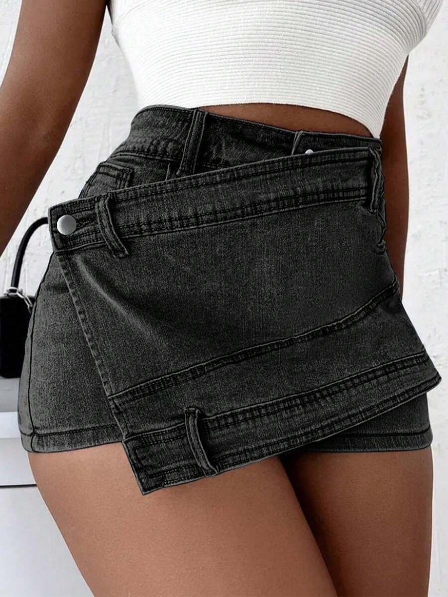 Grunge Punk Street New Vintage Stretchy Overlap Waist Wrap Asymmetric Hem A-Line Skinny Denim Skirts Halloween Clothes Jeans