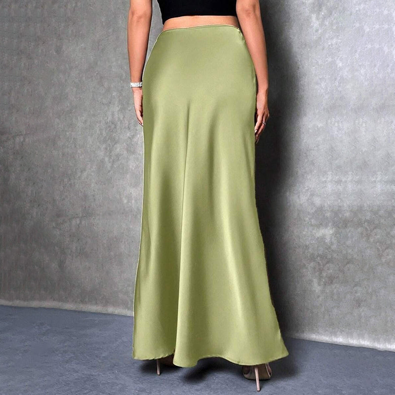 Women's Elegant Satin High Waist Flared Midi Skirt Cocktail Party Wedding Long Skirt