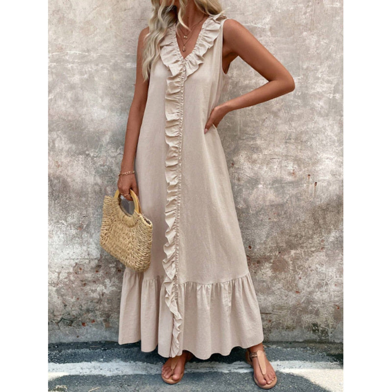 Women's Elegant Casual Summer Dress - V-Neck Sleeveless Ruffled Vacation Long Dress With Pleated Hem