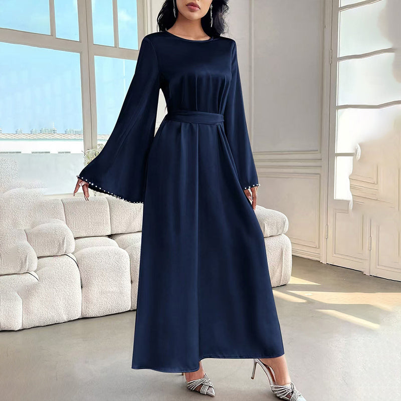 Elegant Round Neck Solid Color Flared Maxi Dress Long Sleeve With Pearl Cuff Detail, Modest A-Line Middle Eastern Abaya Party & Vacation Dress For Women