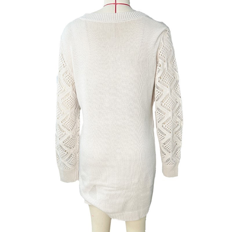Elegant Women's Solid Color V-Neck Knit Dress - Long Sleeve Lace Cut-Out Design, Comfortable Dress For Spring&Fall