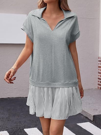 Fisoew Womens Summer Mini Dress Casual Patchwork Short Sleeve Polo V Neck Striped Dresses With Pockets