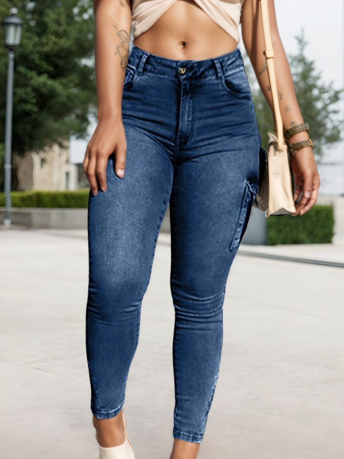 Multi-pocket High-stretch Mid-rise Zipper-hem Skinny Pencil Pants, Urban Style Women's Jeans And Clothing Cargo Jeans
