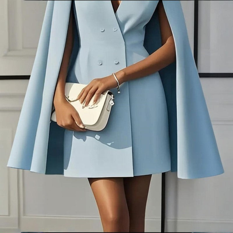 Women's Elegant Solid Color V Neck Double-Breasted Cape Blazer Dress Spring & Summer Party Banquet Outfit